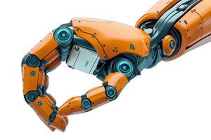 A futuristic robotic arm with a sleek design, showcasing advanced technology and vibrant orange and teal colors. photo