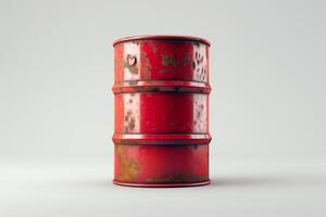 Rusty red oil barrel with visible wear and tear, set against a neutral background. photo