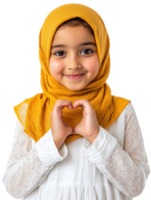Smiling Girl in Yellow Hijab Making Heart Shape with Hands on Transparent Background png