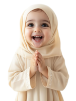 Joyful Child Wearing Beige Hijab Smiling with Clasped Hands Isolated on Transparent Background png