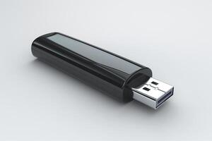 A sleek black USB flash drive lying on a smooth surface, showcasing its modern design and utility. photo