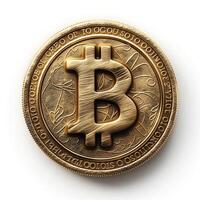 Close-up of a gold Bitcoin coin, symbolizing digital currency and investment opportunities. photo
