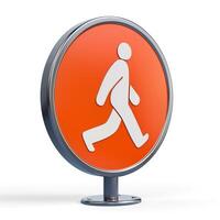 A modern pedestrian sign featuring a white walking figure on a vibrant orange background. photo