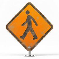 A weathered pedestrian crossing sign against a clean, bright background, symbolizing urban safety. photo