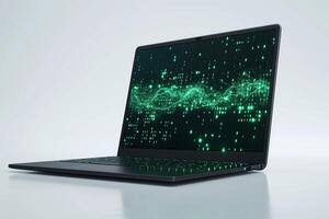 A sleek black laptop showcasing a vibrant green digital display, symbolizing technology and innovation. photo