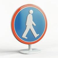 A modern pedestrian traffic sign with a stylized figure walking, featuring a blue background and bright red circular border. photo
