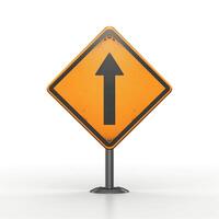 A weathered orange road sign with a bold black arrow pointing upwards against a clean white background. photo