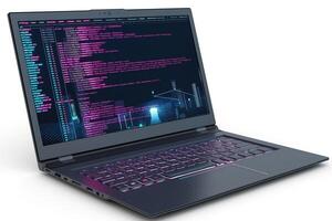 A modern laptop showcasing a vibrant screen filled with colorful code, creating a tech-savvy atmosphere. photo