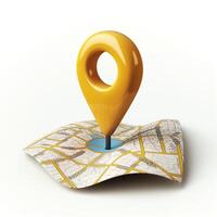 A vibrant yellow location pin sits centered on a stylized map, symbolizing geographic navigation. photo