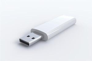 A sleek, white USB flash drive resting on a smooth white surface, symbolizing modern technology and data storage. photo