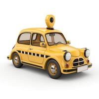 A bright yellow vintage taxi car with a location pin on top, showcasing a playful yet nostalgic design. photo