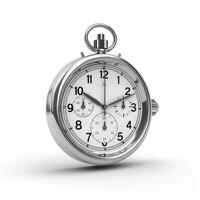 A classic silver stopwatch with a white dial and bold black numerals, symbolizing precision and timing. photo