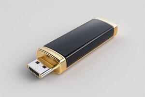 Sleek black and gold USB flash drive, showcasing modern design and functionality. photo