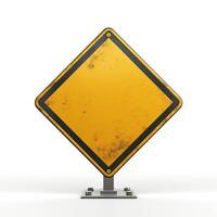 A weathered yellow warning sign with a black border, set against a clean background, emphasizing its neglected texture. photo