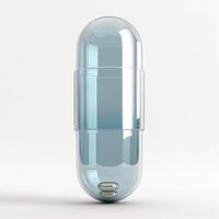 A translucent blue capsule isolated on a clean background, showcasing its modern design and sleek form. photo
