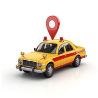 A vibrant yellow taxi with a location pin symbol, representing ride-hailing services and urban transportation. photo