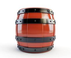 A polished wooden barrel with black metal bands, showcasing a glossy finish and vibrant red hue, perfect for storytelling or decoration. photo