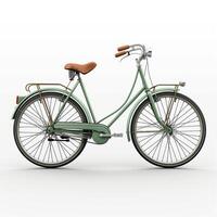 A vintage-style bicycle with a mint green frame and brown leather seat, showcasing a classic and elegant design. photo