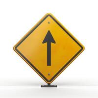 A clear yellow directional sign with an upward arrow, indicating straight ahead. photo