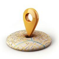 A vibrant yellow location pin stands prominently on a map, symbolizing navigation and discovery. photo