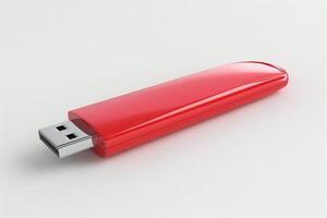 A sleek red USB flash drive against a soft white background, emphasizing modern technology and portability. photo