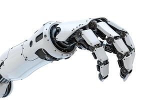 A sleek, white robotic hand gracefully reaching out, showcasing intricate mechanical details and modern design. photo