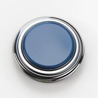A sleek, metallic round button with a glossy blue surface, reflecting light beautifully. photo