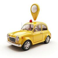 A vibrant yellow taxi with a location pin signifying navigation and urban transport. photo