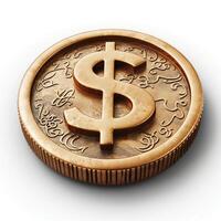 A close-up of a shiny bronze coin featuring a prominent dollar sign, symbolizing wealth and finance. photo