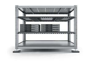 A modern server rack featuring multiple storage shelves and servers in a clean, industrial setting. photo