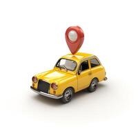 A cheerful yellow car with a location pin on top, symbolizing travel and navigation. photo