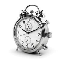 A vintage-style silver alarm clock with white face and black numbers, symbolizing time management. photo