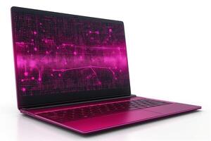 Sleek laptop showcasing vibrant pink digital interface, symbolizing technology and innovation. photo