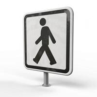 A walking symbol on a weathered pedestrian sign, suggesting a pedestrian-friendly area. photo