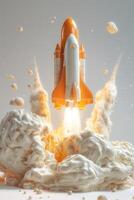 A vibrant orange and white rocket blasts off with dynamic smoke and explosion effects, creating an energetic and futuristic scene. photo
