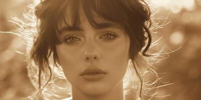 A young Caucasian woman with freckles, captured in warm tones, showcasing her serene expression against a softly blurred background. photo