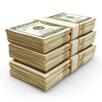 Three neatly stacked bundles of cash, showcasing rich textured bills and a sense of wealth. photo