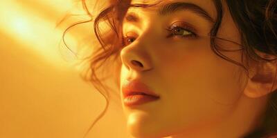Close-up of a young woman with wavy hair, illuminated by warm golden light, exuding a serene and dreamy expression. photo