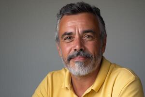 Middle-aged Hispanic man in a yellow shirt smiles warmly at the camera, showcasing a friendly and approachable demeanor. photo