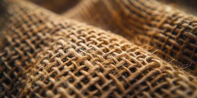 Close-up view of woven jute fabric showcasing its textured surface and earthy tones. photo