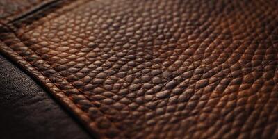 Close-up of rich brown textured leather, showcasing its intricate surface detail and stitching. photo