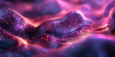 A mesmerizing abstract representation of shimmering fabric waves with glowing particles in purple and pink hues. photo
