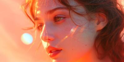 Close-up of a beautiful young woman with delicate features and soft lighting, evoking warmth and tranquility. photo