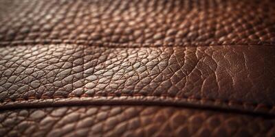 Close-up of textured brown leather with intricate detailing and orange stitching. photo