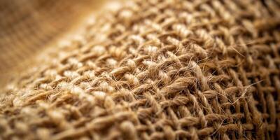 Close-up of natural burlap fabric showcasing its textured weave, highlighting earthy tones and organic fibers. photo