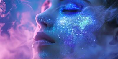 A woman with a celestial face adorned with shimmering sparkles, enhanced by a dreamy, smoky atmosphere. photo