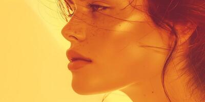 A profile shot of a young Caucasian woman with freckles, illuminated by warm yellow light, showcasing her natural beauty and serene expression. photo