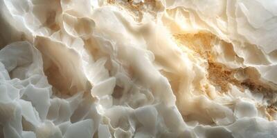 Close-up of a beautifully textured white onyx stone with intricate patterns and soft golden hues. photo