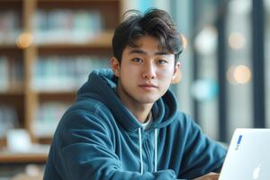 A thoughtful Asian male student in his twenties, focused on work in a bright and modern study environment. photo