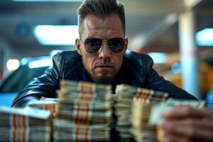 Confident man in sunglasses examining stacks of cash, embodying power and success in a garage setting. photo